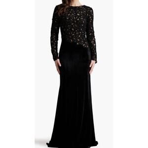 tadashi Shoji Sequin Lace Bodice Long Sleeve Velvet Gown black/nude NWOT